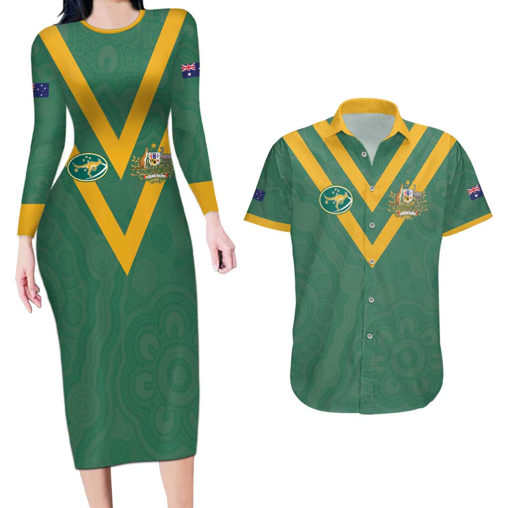 Custom Australia Rugby Couples Matching Long Sleeve Bodycon Dress and Hawaiian Shirt Sporty Style