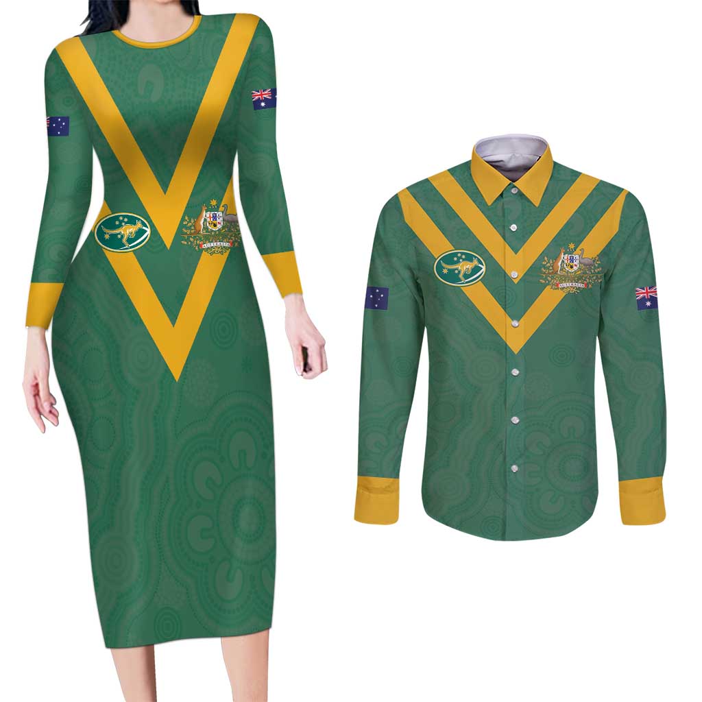 Custom Australia Rugby Couples Matching Long Sleeve Bodycon Dress and Long Sleeve Button Shirt Sporty Style
