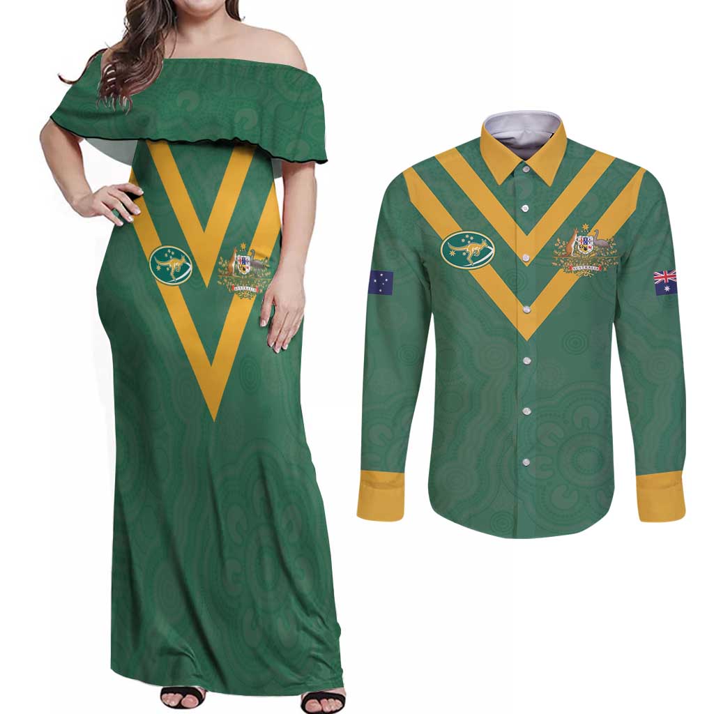 Custom Australia Rugby Couples Matching Off Shoulder Maxi Dress and Long Sleeve Button Shirt Sporty Style