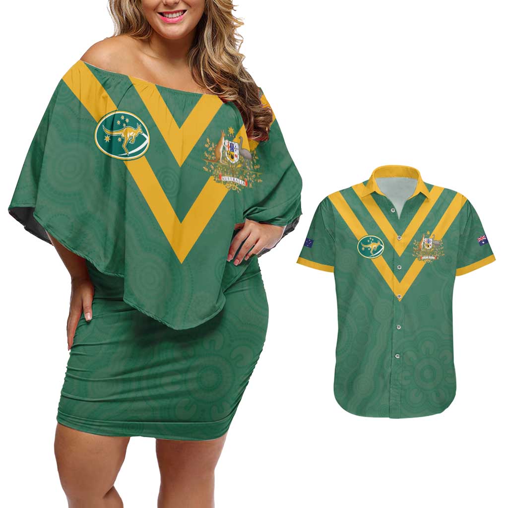 Custom Australia Rugby Couples Matching Off Shoulder Short Dress and Hawaiian Shirt Sporty Style