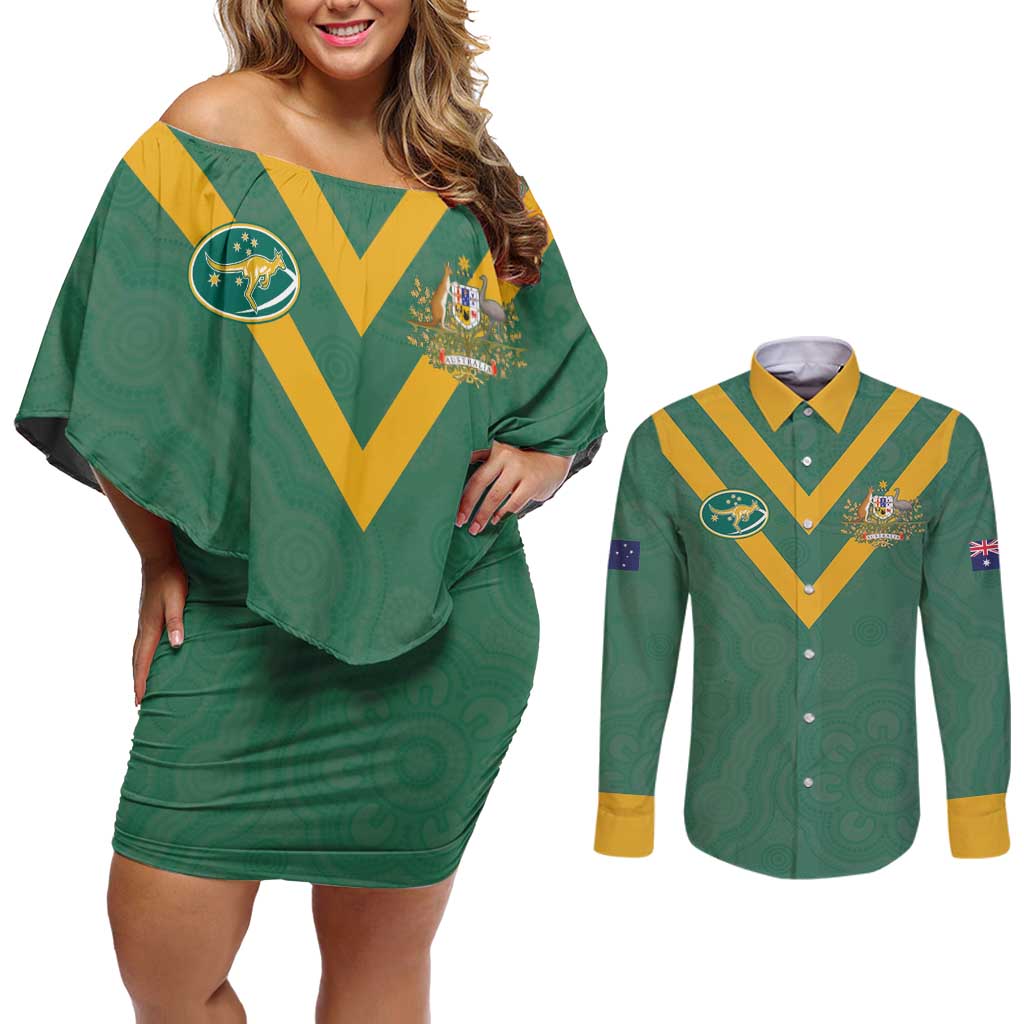 Custom Australia Rugby Couples Matching Off Shoulder Short Dress and Long Sleeve Button Shirt Sporty Style
