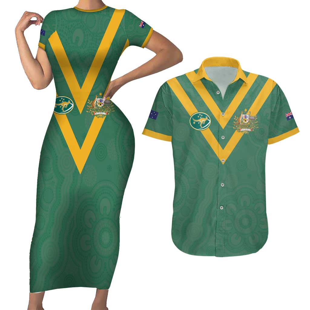 Custom Australia Rugby Couples Matching Short Sleeve Bodycon Dress and Hawaiian Shirt Sporty Style