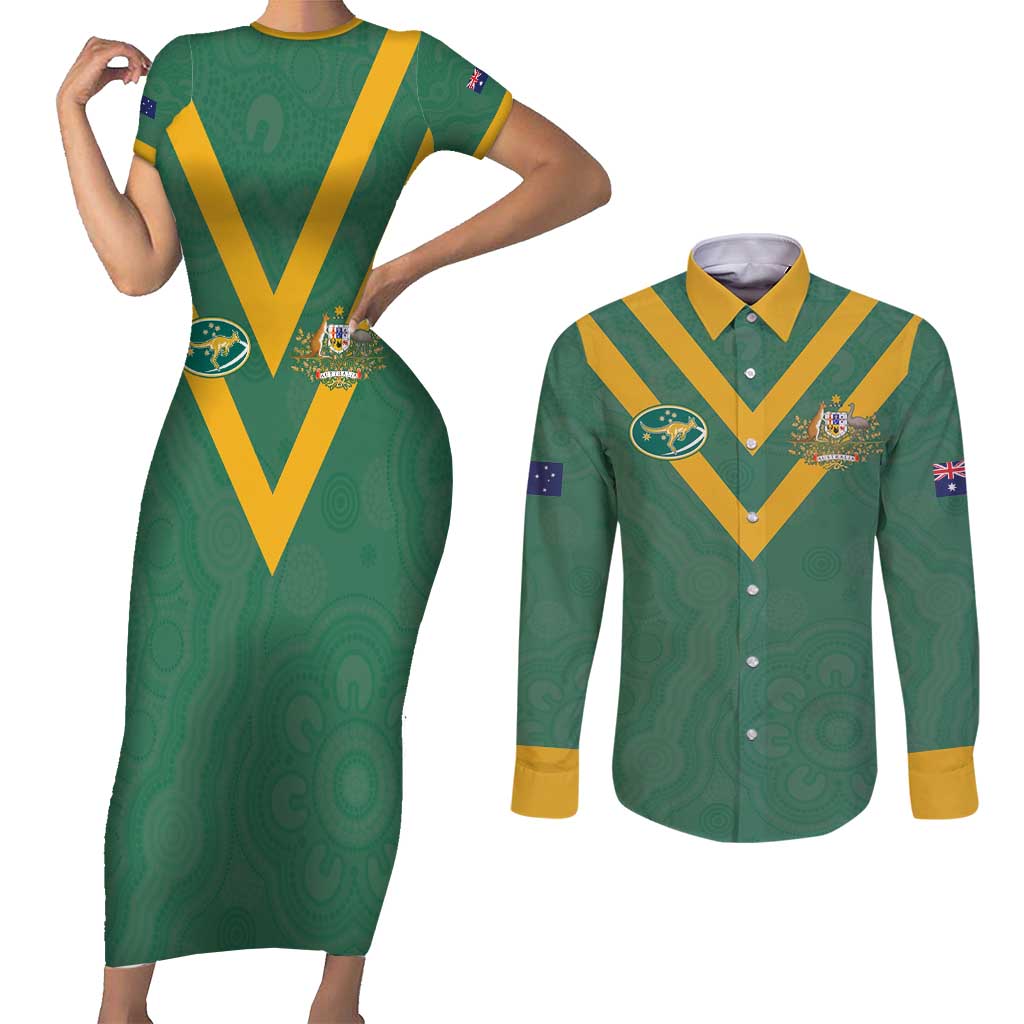 Custom Australia Rugby Couples Matching Short Sleeve Bodycon Dress and Long Sleeve Button Shirt Sporty Style