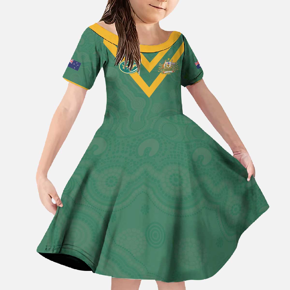 Custom Australia Rugby Family Matching Off The Shoulder Long Sleeve Dress and Hawaiian Shirt Sporty Style
