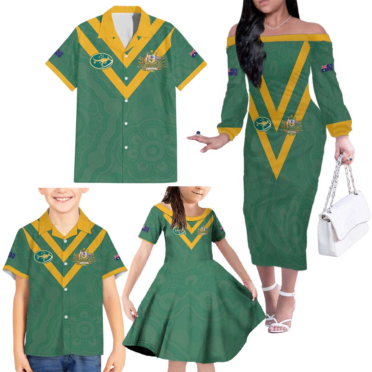 Custom Australia Rugby Family Matching Off The Shoulder Long Sleeve Dress and Hawaiian Shirt Sporty Style