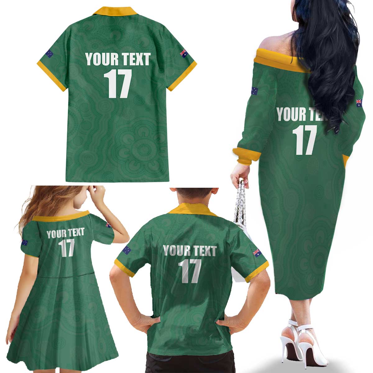 Custom Australia Rugby Family Matching Off The Shoulder Long Sleeve Dress and Hawaiian Shirt Sporty Style