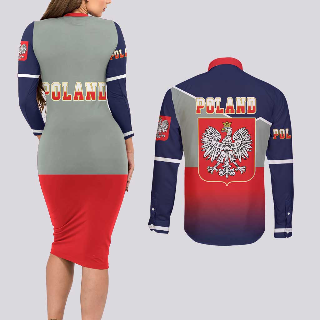 Poland Coat of Arms Couples Matching Long Sleeve Bodycon Dress and Long Sleeve Button Shirt A white and Crowned Eagle