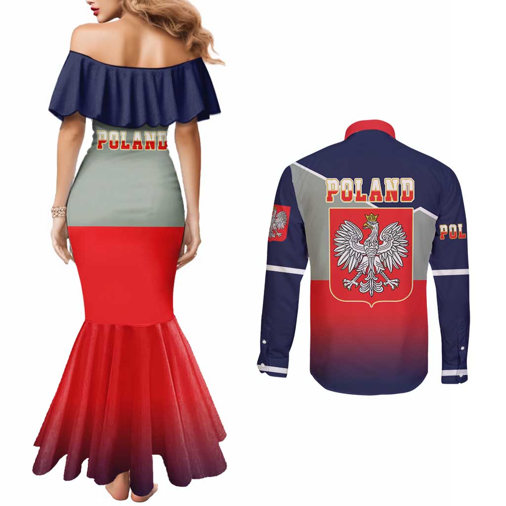 Poland Coat of Arms Couples Matching Mermaid Dress and Long Sleeve Button Shirt A white and Crowned Eagle