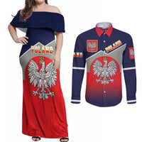 Poland Coat of Arms Couples Matching Off Shoulder Maxi Dress and Long Sleeve Button Shirt A white and Crowned Eagle