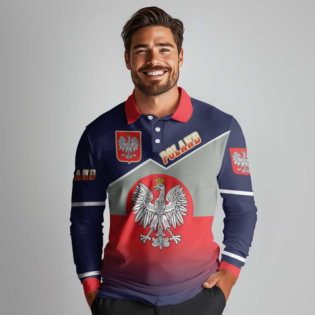 Poland Coat of Arms Long Sleeve Polo Shirt A white and Crowned Eagle LT17 - Wonder Print Shop