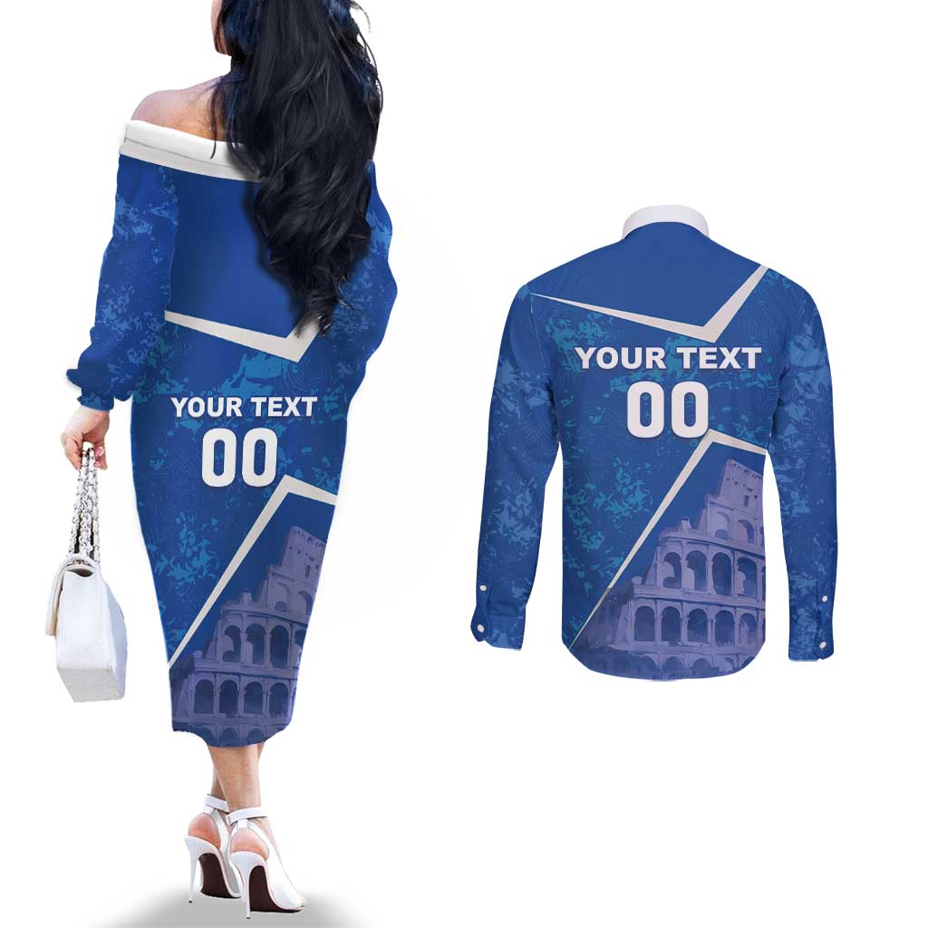 Custom Italy Football Couples Matching Off The Shoulder Long Sleeve Dress and Long Sleeve Button Shirt With Colosseum