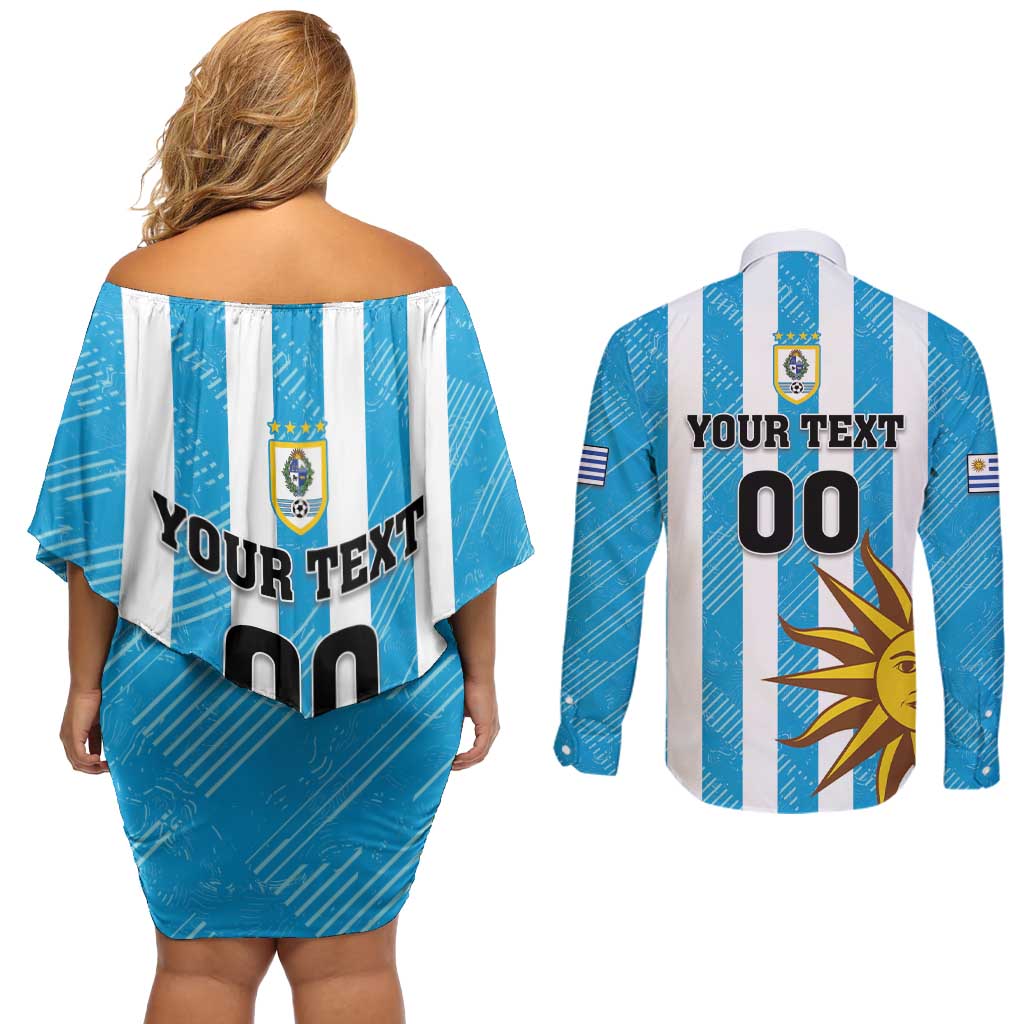 Custom Uruguay Football Couples Matching Off Shoulder Short Dress and Long Sleeve Button Shirt Sol De May - Wonder Print Shop
