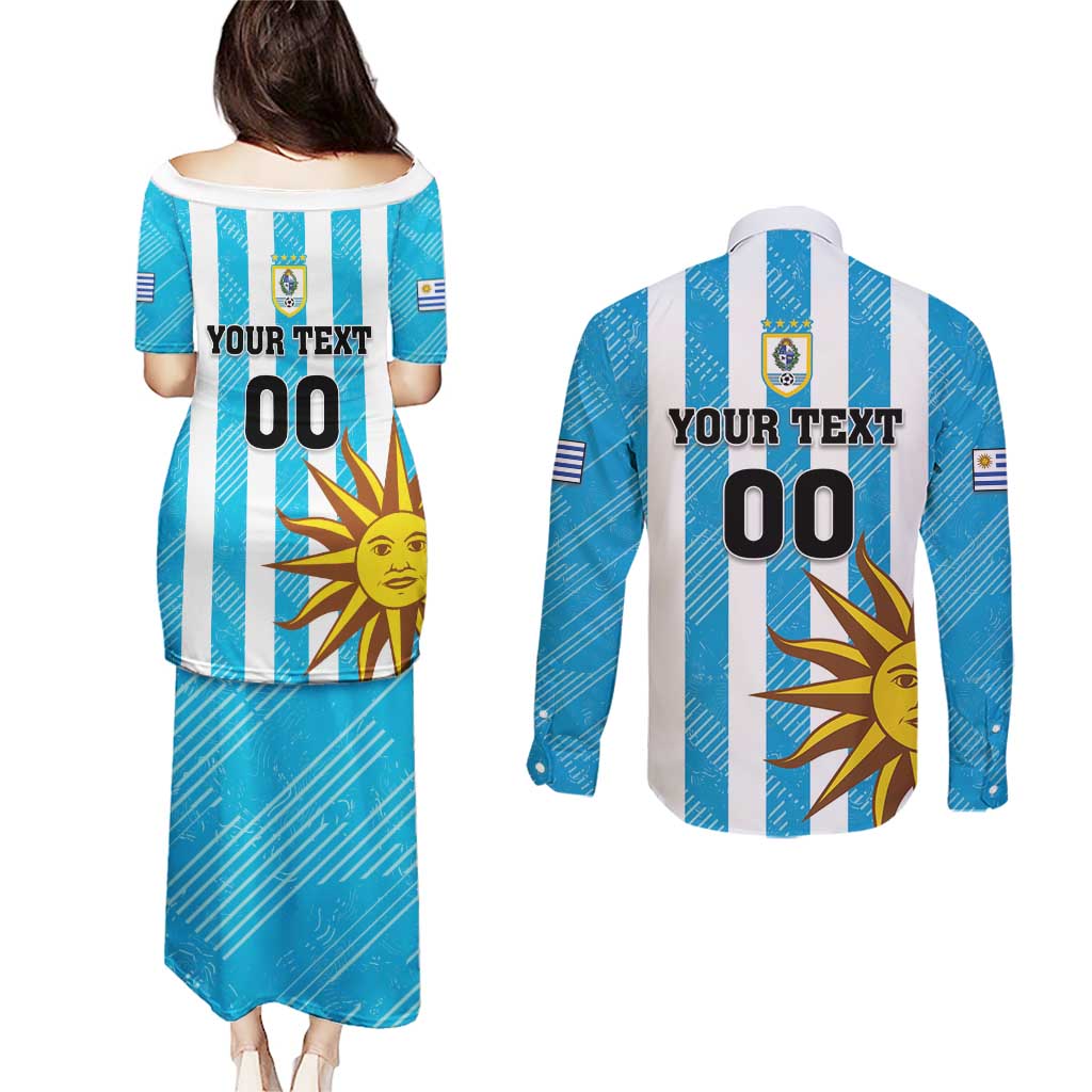 Custom Uruguay Football Couples Matching Puletasi and Long Sleeve Button Shirt Sol De May - Wonder Print Shop