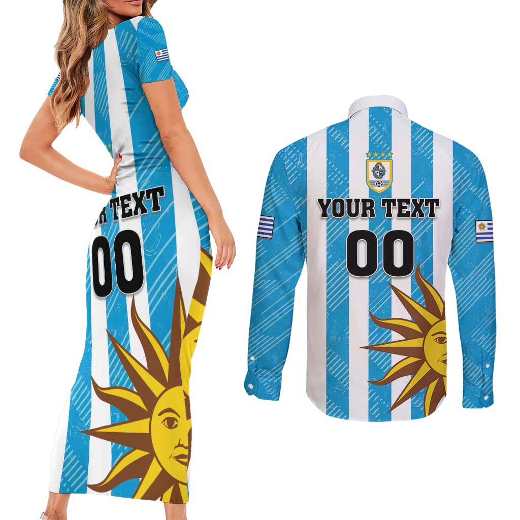 Custom Uruguay Football Couples Matching Short Sleeve Bodycon Dress and Long Sleeve Button Shirt Sol De May - Wonder Print Shop