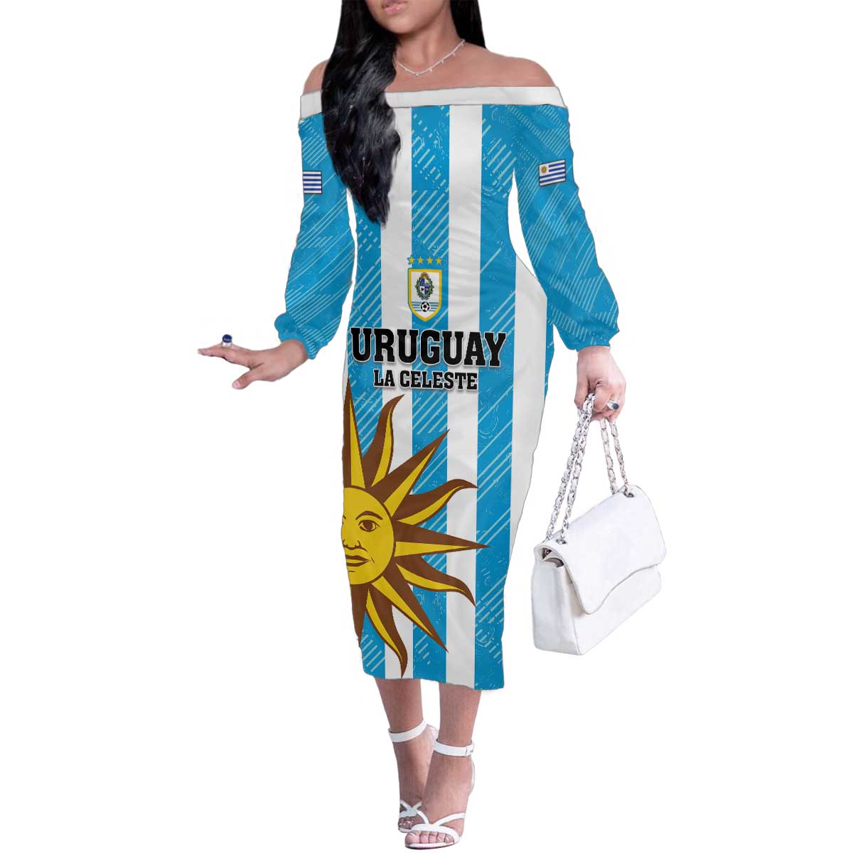 Custom Uruguay Football Family Matching Off The Shoulder Long Sleeve Dress and Hawaiian Shirt Sol De May - Wonder Print Shop