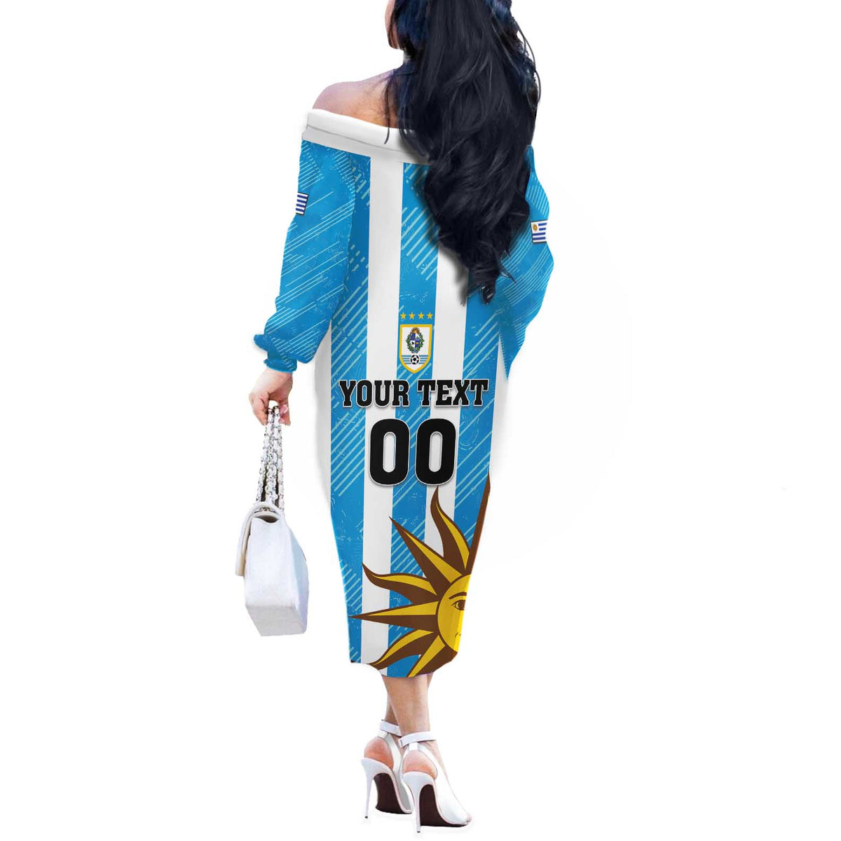 Custom Uruguay Football Off The Shoulder Long Sleeve Dress Sol De May - Wonder Print Shop