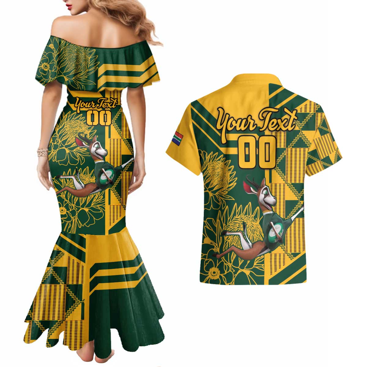 Custom South Africa Rugby Couples Matching Mermaid Dress and Hawaiian Shirt Springboks With Protea Cynaroides - Wonder Print Shop