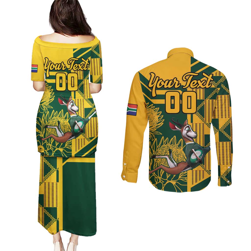 Custom South Africa Rugby Couples Matching Puletasi and Long Sleeve Button Shirt Springboks With Protea Cynaroides - Wonder Print Shop