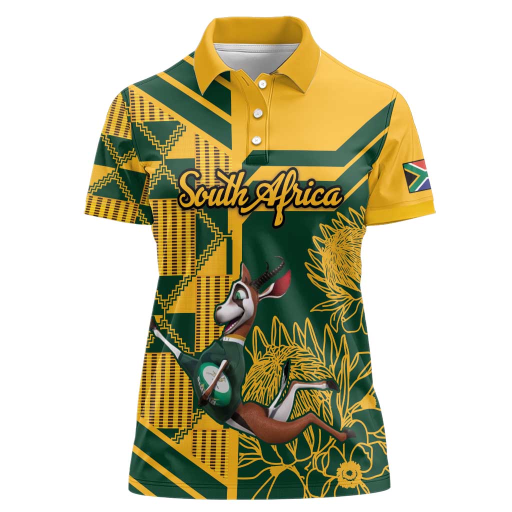 Custom South Africa Rugby Women Polo Shirt Springboks With Protea Cynaroides - Wonder Print Shop