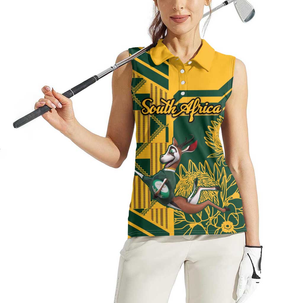 Custom South Africa Rugby Women Sleeveless Polo Shirt Springboks With Protea Cynaroides - Wonder Print Shop