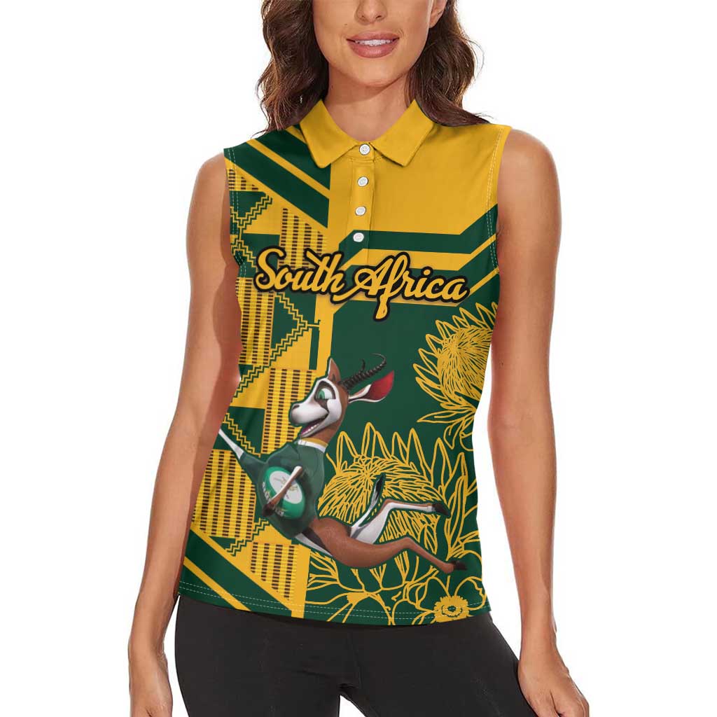 Custom South Africa Rugby Women Sleeveless Polo Shirt Springboks With Protea Cynaroides - Wonder Print Shop