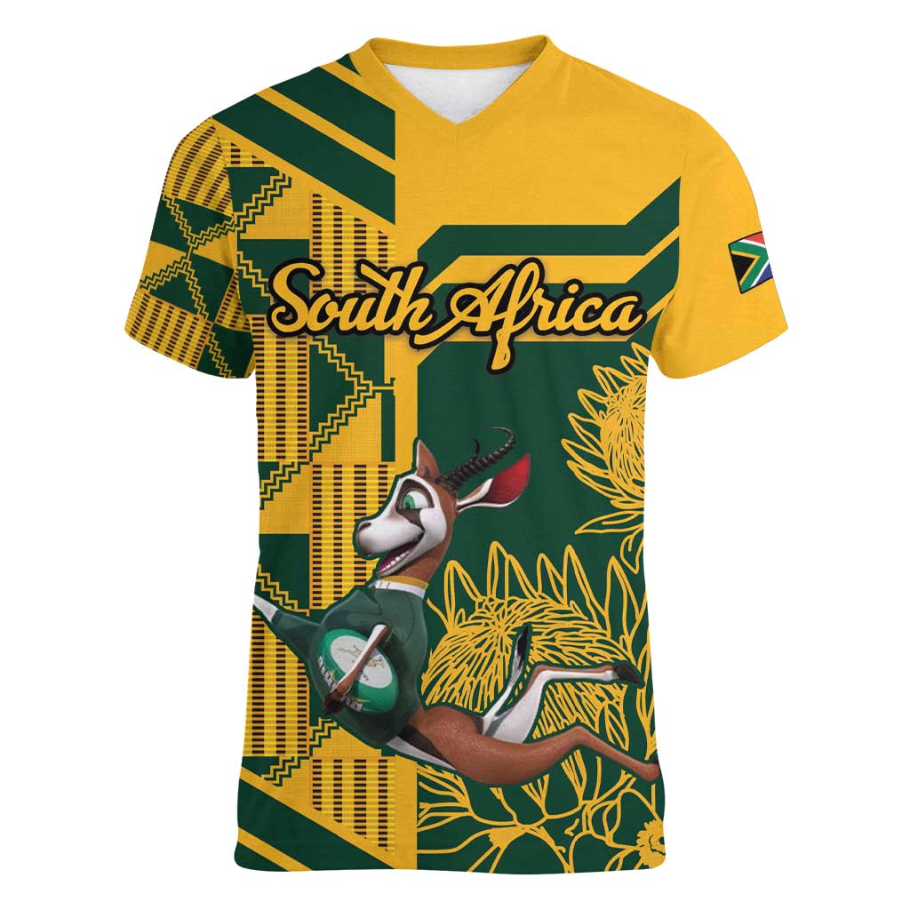 Custom South Africa Rugby Women V-Neck T-Shirt Springboks With Protea Cynaroides - Wonder Print Shop