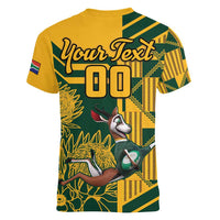 Custom South Africa Rugby Women V-Neck T-Shirt Springboks With Protea Cynaroides - Wonder Print Shop