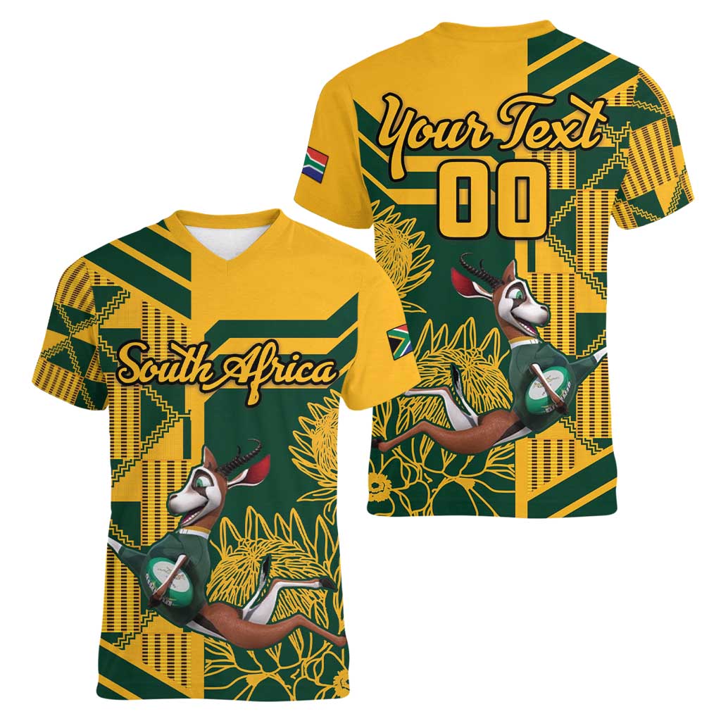 Custom South Africa Rugby Women V-Neck T-Shirt Springboks With Protea Cynaroides - Wonder Print Shop