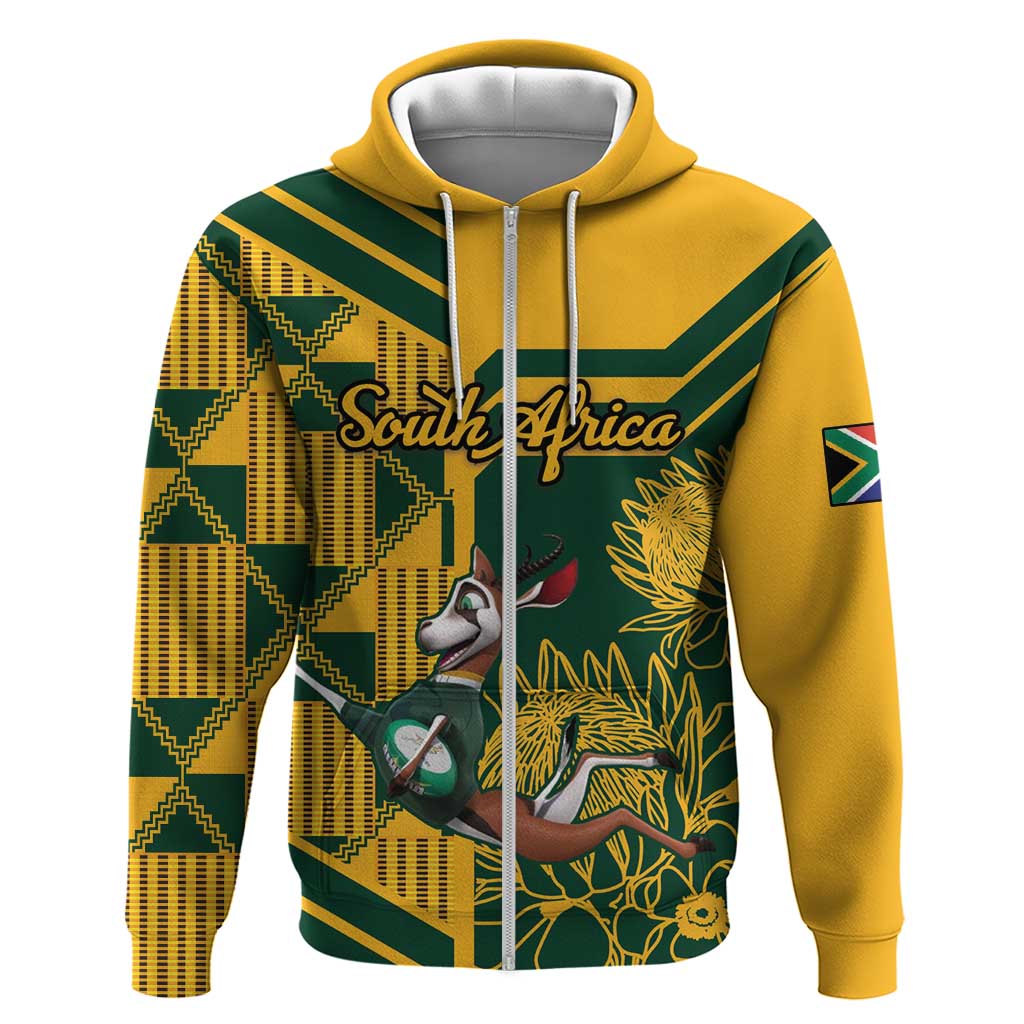 Custom South Africa Rugby Zip Hoodie Springboks With Protea Cynaroides - Wonder Print Shop