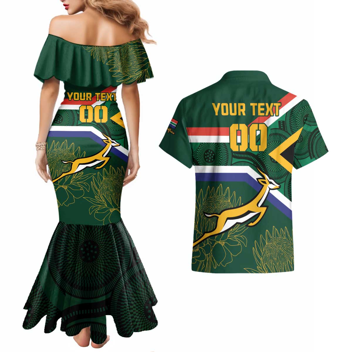 Custom South Africa Rugby Couples Matching Mermaid Dress and Hawaiian Shirt Springboks Mascot African Pattern - Wonder Print Shop