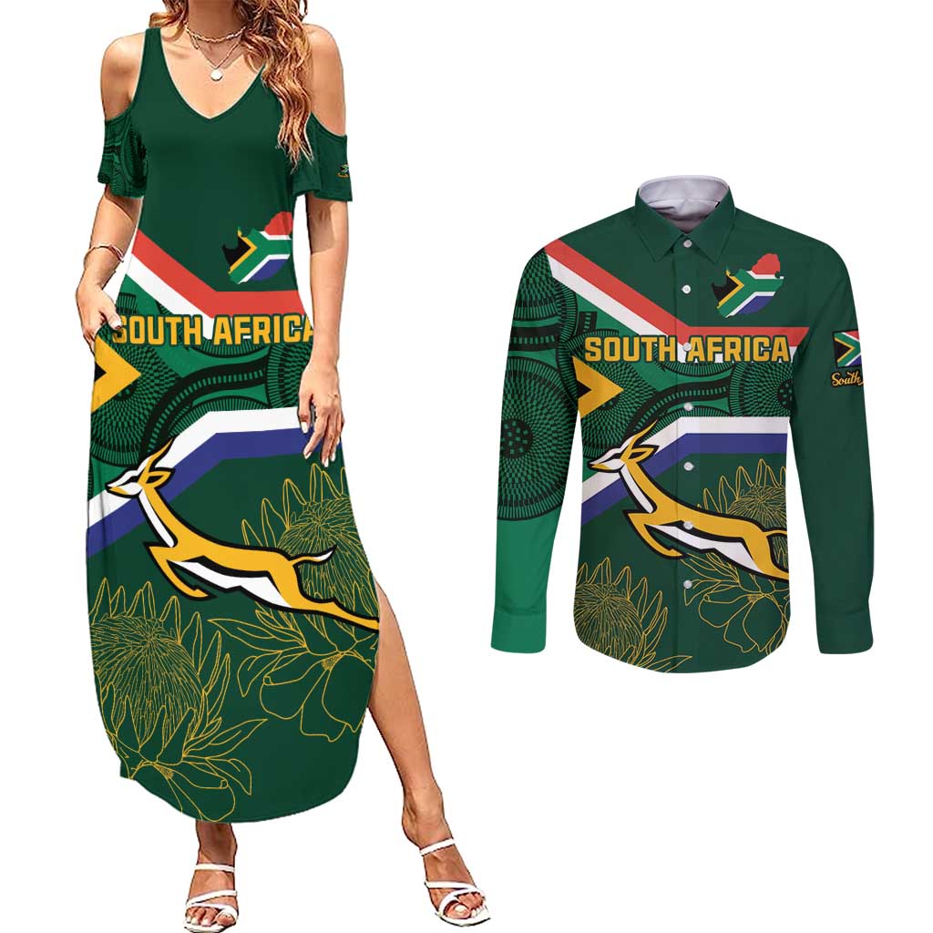 Custom South Africa Rugby Couples Matching Summer Maxi Dress and Long Sleeve Button Shirt Springboks Mascot African Pattern - Wonder Print Shop