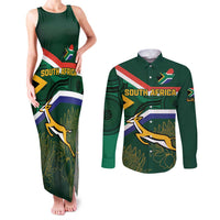 Custom South Africa Rugby Couples Matching Tank Maxi Dress and Long Sleeve Button Shirt Springboks Mascot African Pattern - Wonder Print Shop