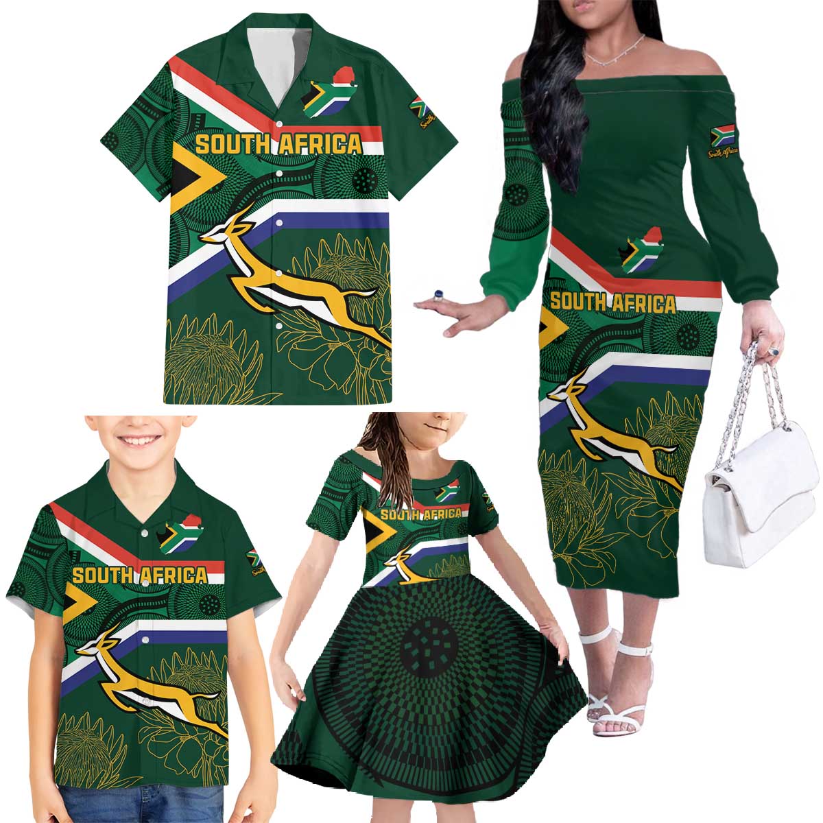 Custom South Africa Rugby Family Matching Off The Shoulder Long Sleeve Dress and Hawaiian Shirt Springboks Mascot African Pattern - Wonder Print Shop