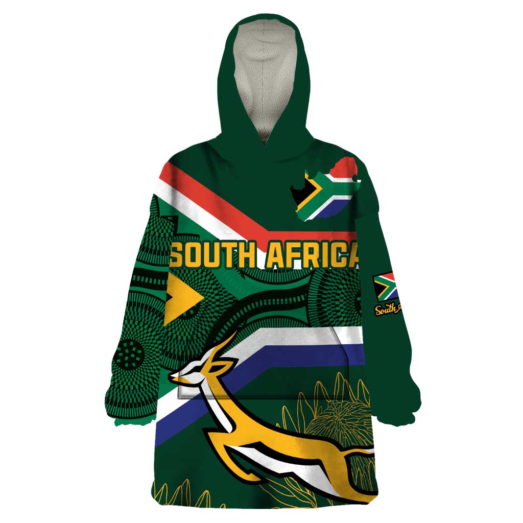 Custom South Africa Rugby Wearable Blanket Hoodie Springboks Mascot African Pattern - Wonder Print Shop