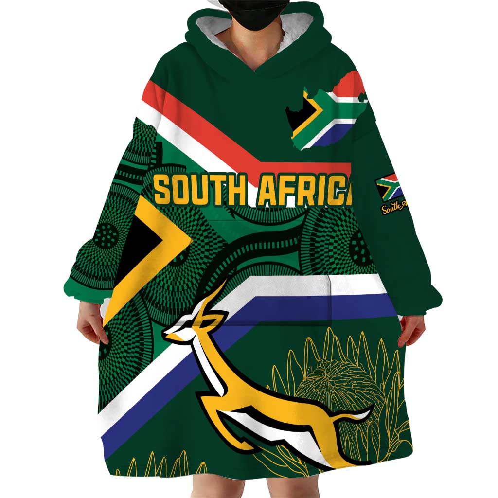 Custom South Africa Rugby Wearable Blanket Hoodie Springboks Mascot African Pattern - Wonder Print Shop