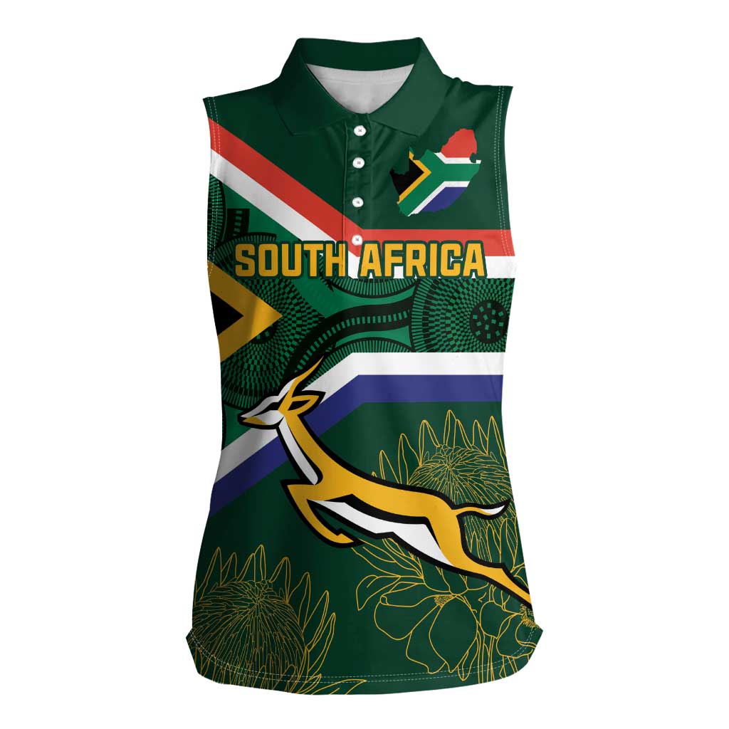 Custom South Africa Rugby Women Sleeveless Polo Shirt Springboks Mascot African Pattern - Wonder Print Shop