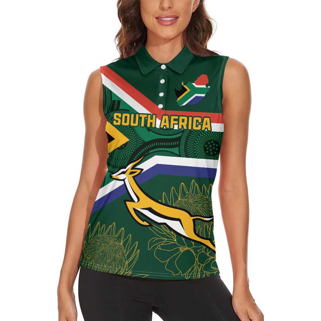 Custom South Africa Rugby Women Sleeveless Polo Shirt Springboks Mascot African Pattern - Wonder Print Shop