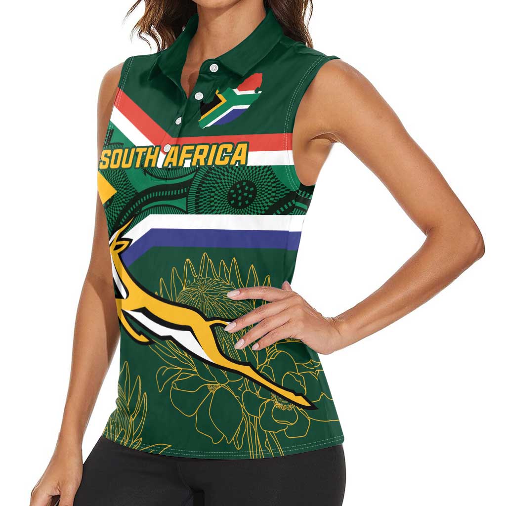 Custom South Africa Rugby Women Sleeveless Polo Shirt Springboks Mascot African Pattern - Wonder Print Shop