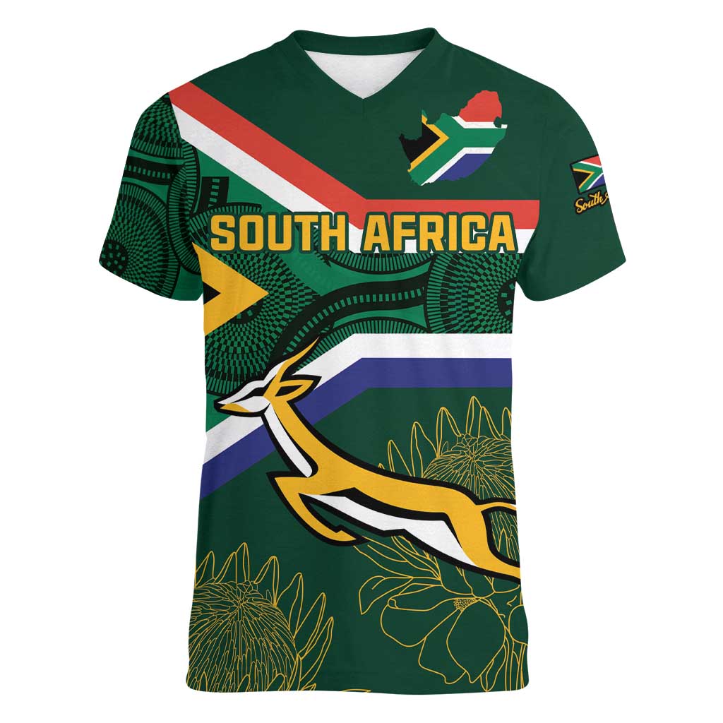Custom South Africa Rugby Women V-Neck T-Shirt Springboks Mascot African Pattern - Wonder Print Shop