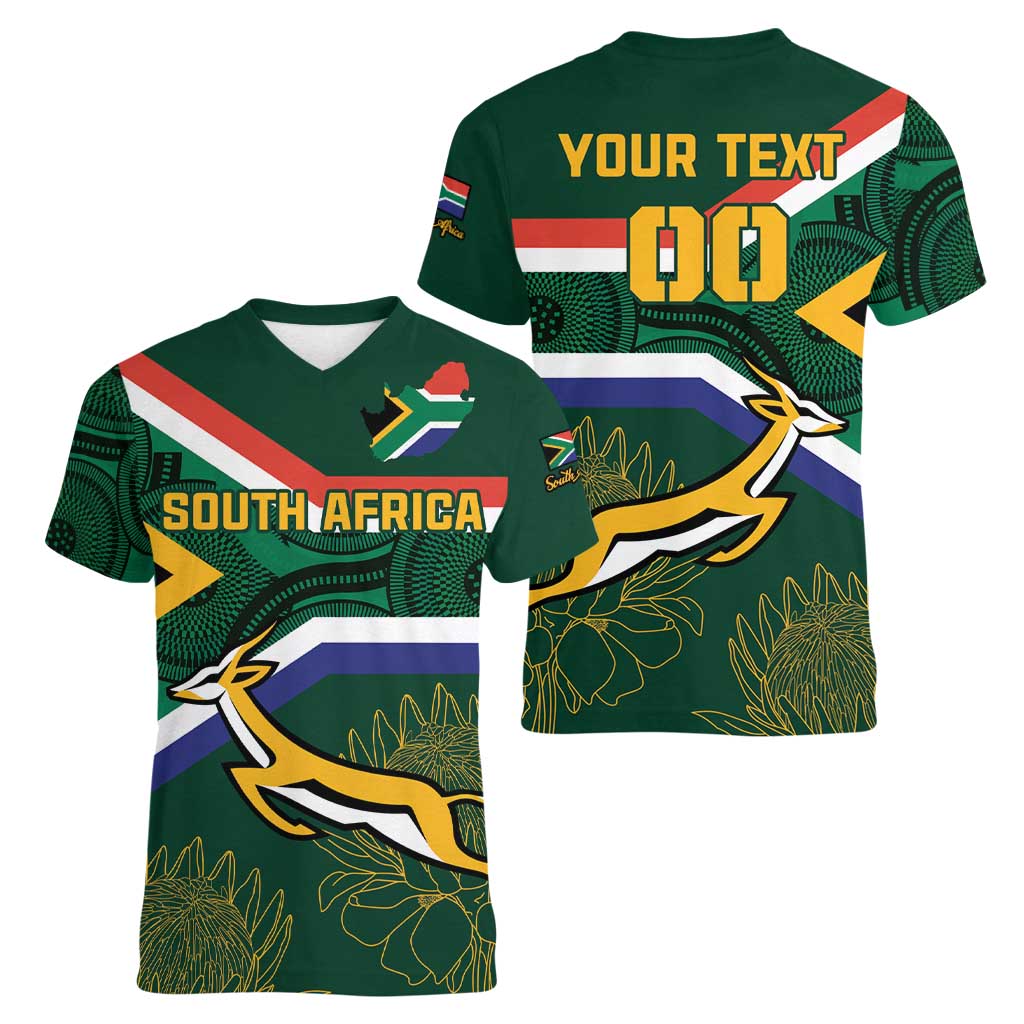 Custom South Africa Rugby Women V-Neck T-Shirt Springboks Mascot African Pattern - Wonder Print Shop