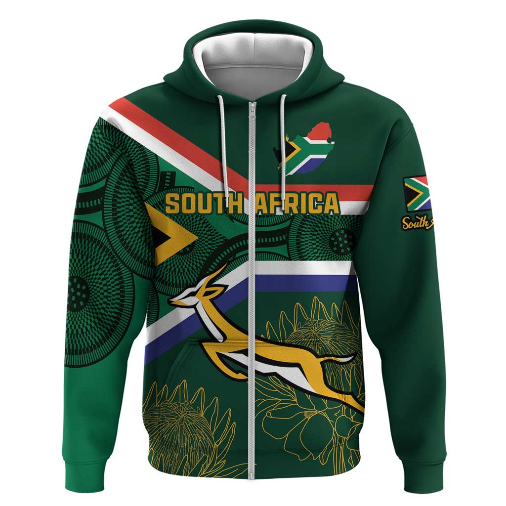 Custom South Africa Rugby Zip Hoodie Springboks Mascot African Pattern - Wonder Print Shop