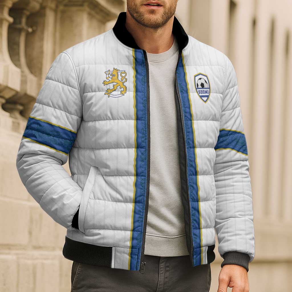 Custom Finland Football Bomber Puffer Jacket Suomi Champion Sami Pattern - Wonder Print Shop