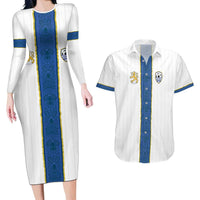 Custom Finland Football Couples Matching Long Sleeve Bodycon Dress and Hawaiian Shirt Suomi Champion Sami Pattern - Wonder Print Shop