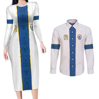 Custom Finland Football Couples Matching Long Sleeve Bodycon Dress and Long Sleeve Button Shirt Suomi Champion Sami Pattern - Wonder Print Shop