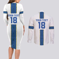 Custom Finland Football Couples Matching Long Sleeve Bodycon Dress and Long Sleeve Button Shirt Suomi Champion Sami Pattern - Wonder Print Shop