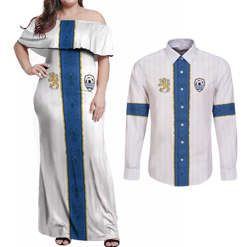 Custom Finland Football Couples Matching Off Shoulder Maxi Dress and Long Sleeve Button Shirt Suomi Champion Sami Pattern - Wonder Print Shop