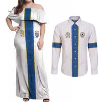 Custom Finland Football Couples Matching Off Shoulder Maxi Dress and Long Sleeve Button Shirt Suomi Champion Sami Pattern - Wonder Print Shop