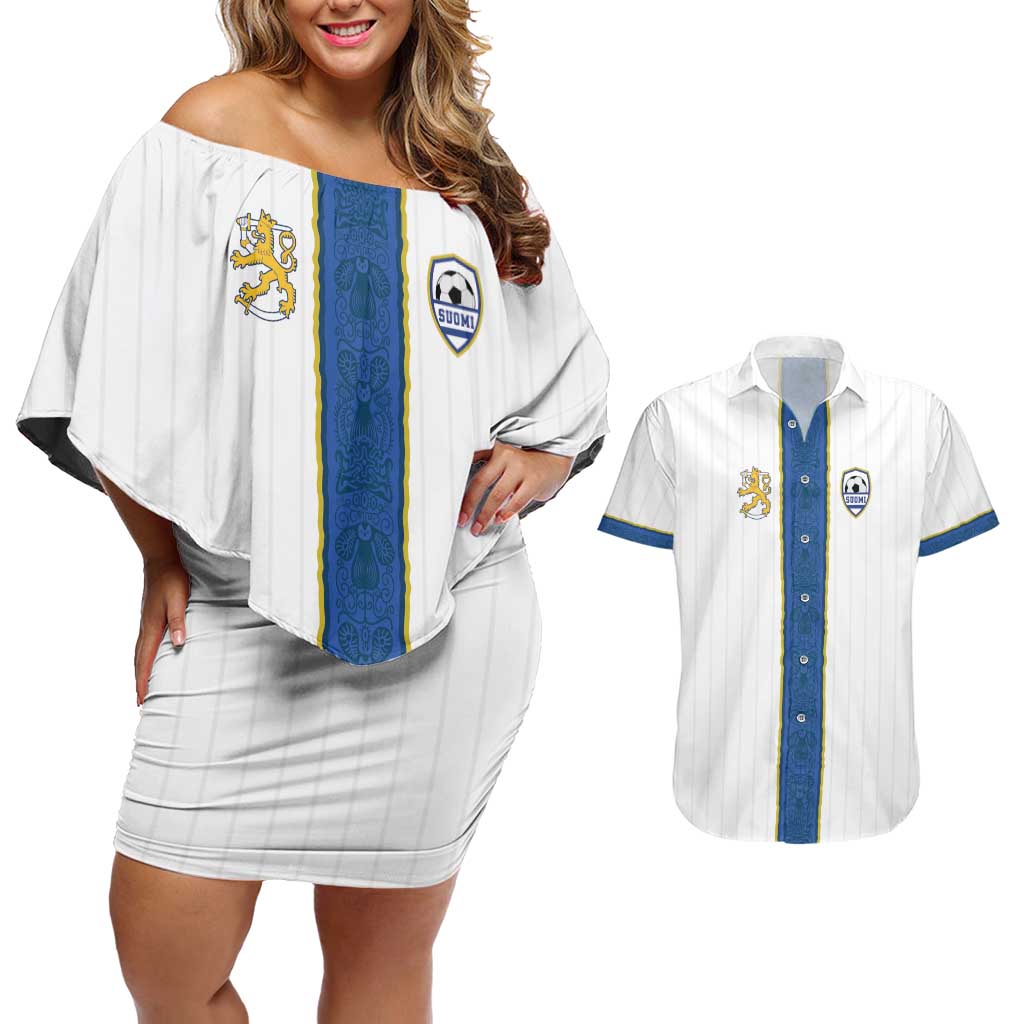 Custom Finland Football Couples Matching Off Shoulder Short Dress and Hawaiian Shirt Suomi Champion Sami Pattern - Wonder Print Shop