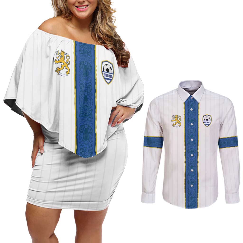 Custom Finland Football Couples Matching Off Shoulder Short Dress and Long Sleeve Button Shirt Suomi Champion Sami Pattern - Wonder Print Shop