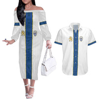 Custom Finland Football Couples Matching Off The Shoulder Long Sleeve Dress and Hawaiian Shirt Suomi Champion Sami Pattern - Wonder Print Shop